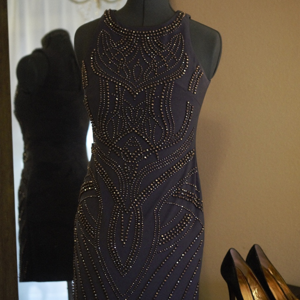 BETSY & ADAM slate grey with bronze beading dress